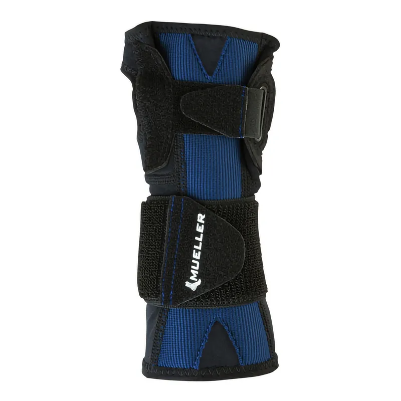Wrist Support Mueller® X-Stay Wrist Stabilizer Bilateral Aluminum / Nylon / Polyester / PP/ PU / PU Foam / Spandex / Steel / TPU Left or Right Hand Black / Blue Small / Medium