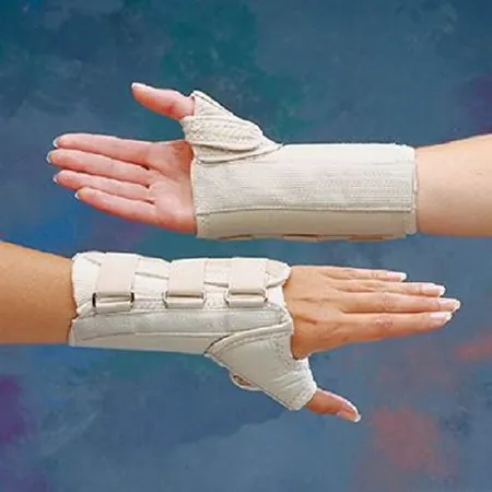 Wrist Brace with Thumb Spica Rolyan® D-Ring™ Original Aluminum / Cotton / Polyester Right Hand Beige Small