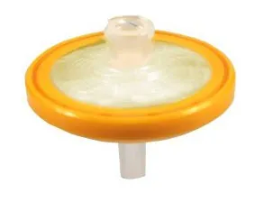 Syringe Filter 33 mm dia., <200 mL, Yellow, 0.1 µm Pore Size, 145 psi Pressure Rating, Female Luer Lok Inlet Style, Male Luer Slip Outlet Style, <100 µL Hold up Volume, 45°C Temperature, Modified Acrylic Tip, Sterile