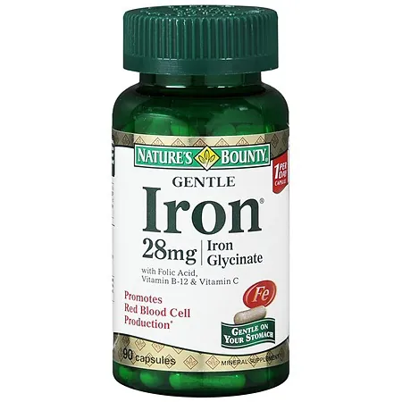 Mineral Supplement Nature's Bounty® Iron / Ascorbic Acid / Folic Acid / Vitamin B12 60 mg - 400 mcg - 8 mcg Strength Capsule 90 per Bottle