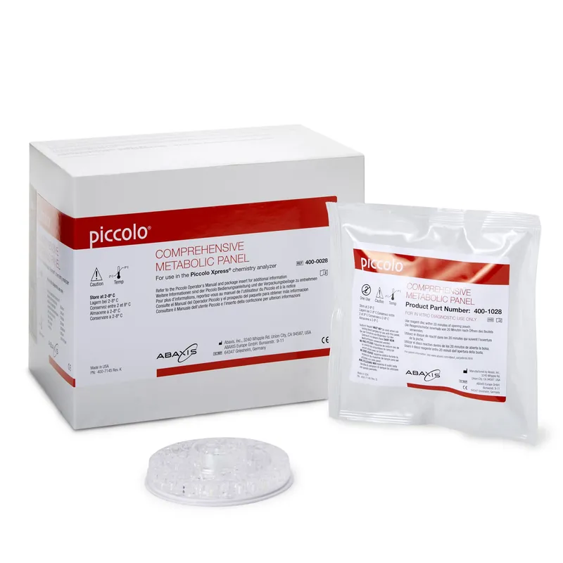 Reagent Piccolo® Comprehensive Metabolic Panel Metabolic Assay ALB, ALP, ALT, AST, BUN, Ca, Cl-, CRE, GLU, K+, Na+, TBIL, tCO2, TP For Piccolo® Blood Chemistry Analyzer or Piccolo® Xpress™ Chemistry Analyzer 10 Disc / Box