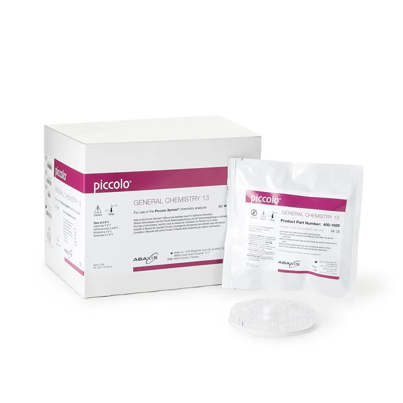 Reagent Piccolo® General Chemistry 13 General Chemistry Panel ALB, ALP, ALT, AMY, AST, BUN, Ca, CRE, GGT, GLU, TBIL, TP, UA For Piccolo® Blood Chemistry Analyzer or Piccolo® Xpress™ Chemistry Analyzer 10 Disc / Box